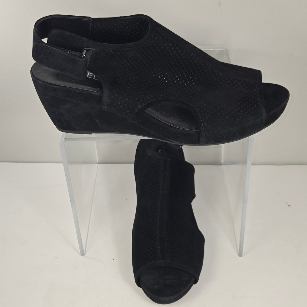 Vaneli Black Suede Perforated Peep Toe Wedge Sandals Womens 11M Slingback